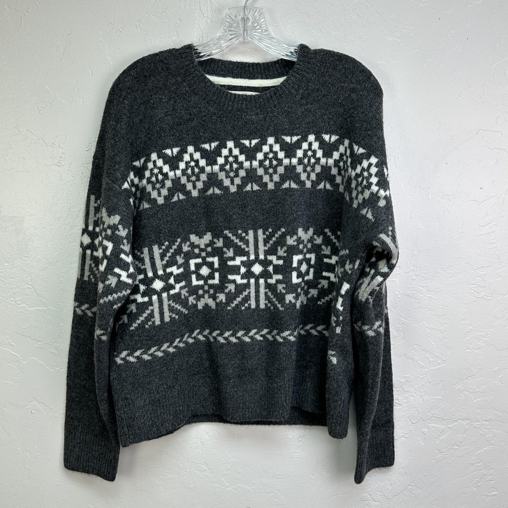 Lucky Brand Sweater Womens Medium Charcoal Gray Fair Isle Knit Pullover Crewneck